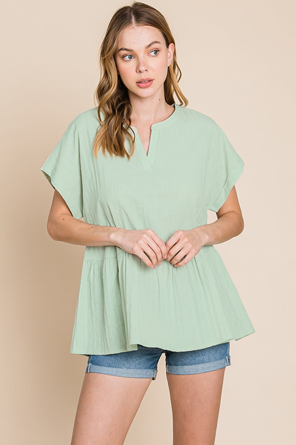 Cotton Bleu by Nu Lab Ruched Notched Short Sleeve Blouse 