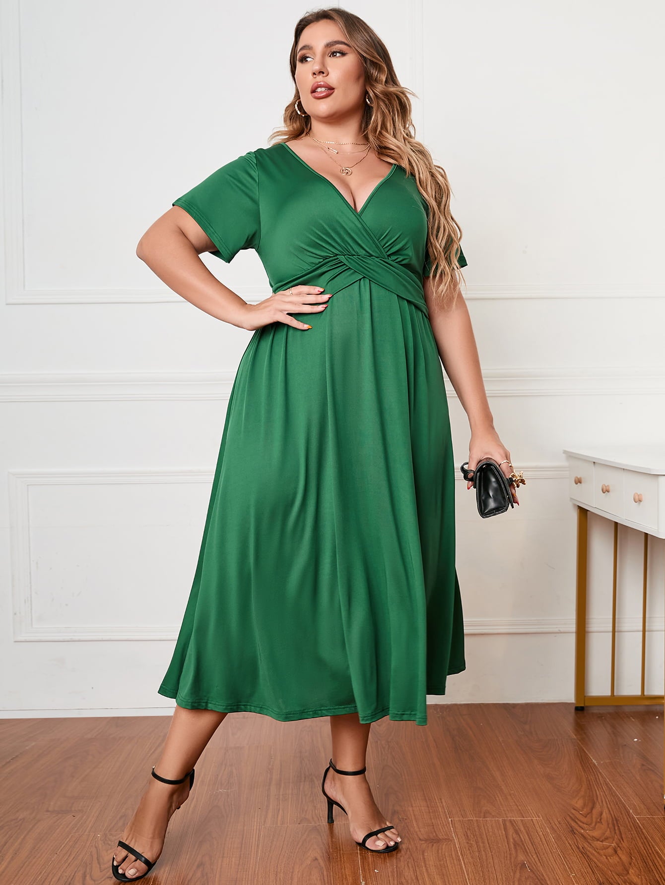 Honey Plus Size Short Sleeve Surplice Neck Midi Dress 
