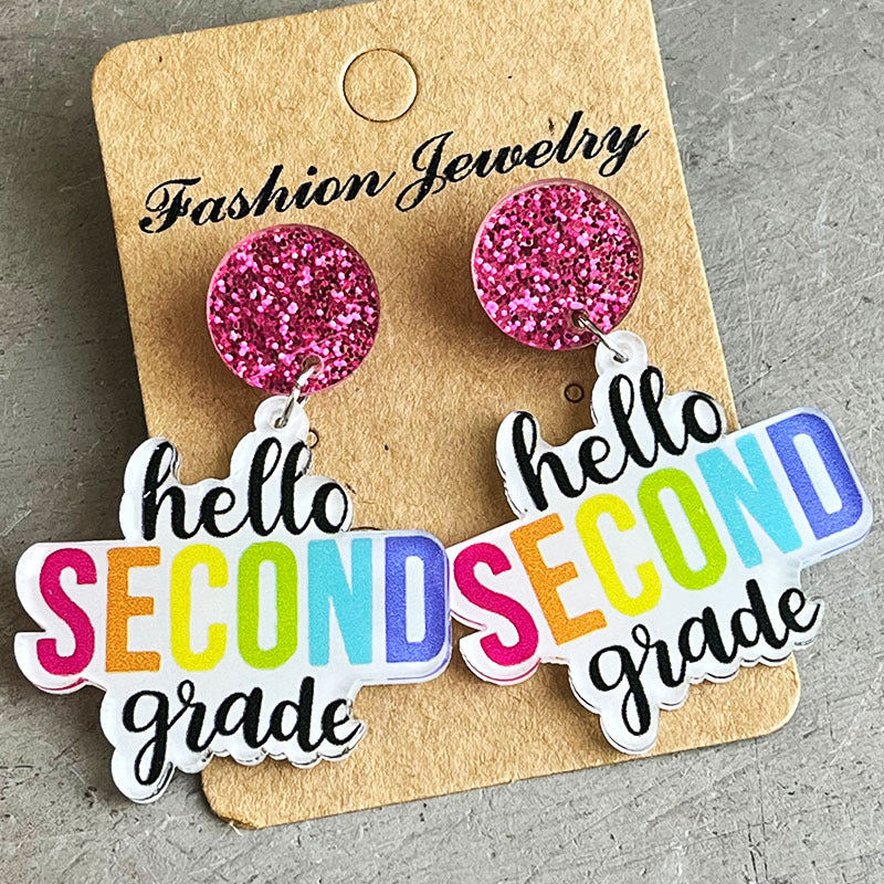 HELLO SECOND GRADE Acrylic Dangle Earrings 