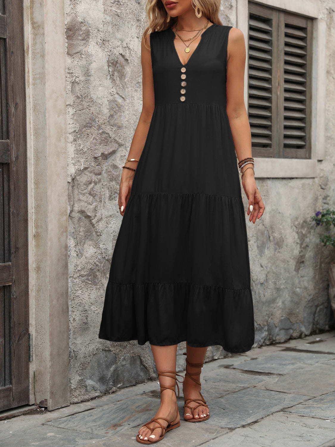 Ivy Lane Decorative Button Notched Sleeveless Dress 