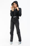 Snobbish Faux Leather Zip Up Drawstring Hooded Jacket 