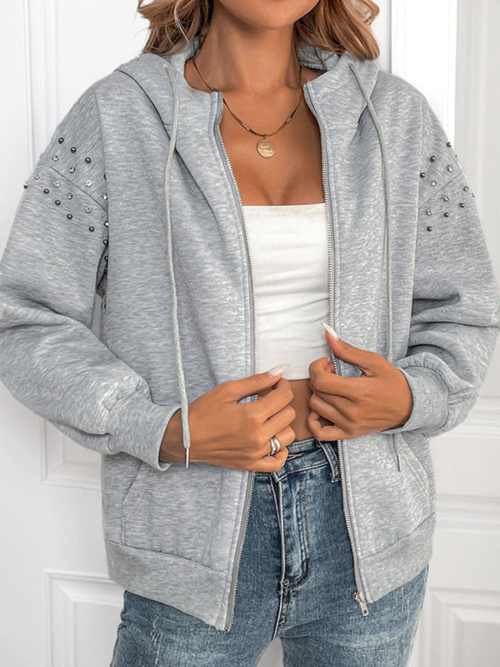 Perfee Rhinestone Zip Up Long Sleeve Hoodie 
