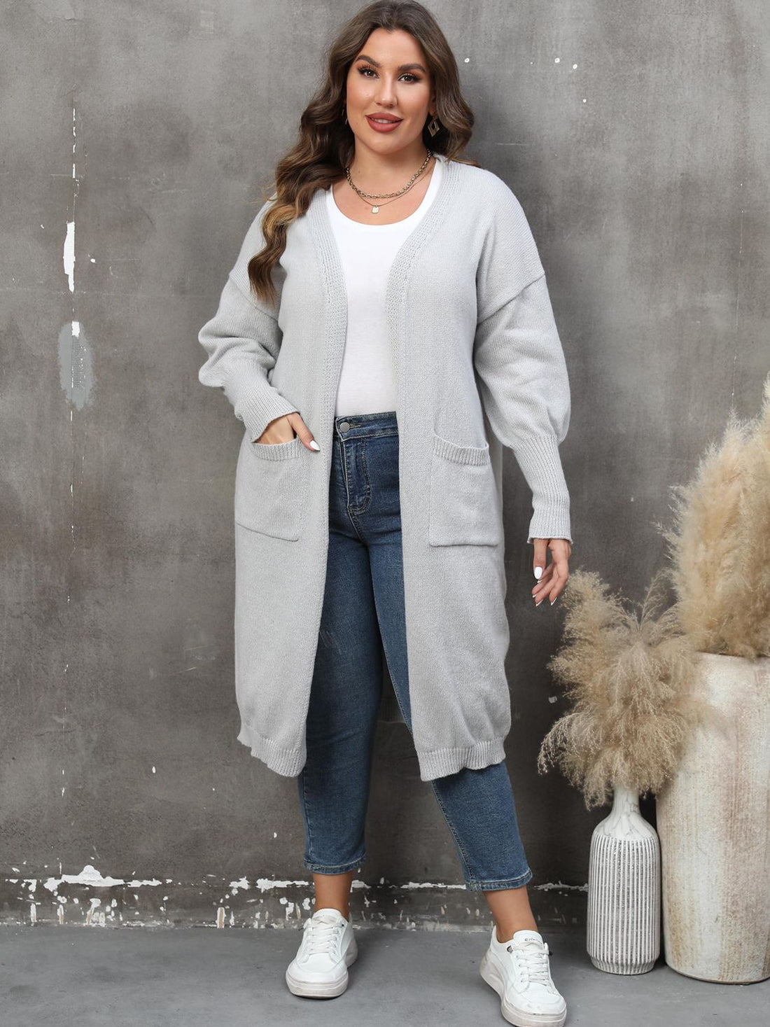 Plus Size Long Sleeve Pocketed Cardigan 