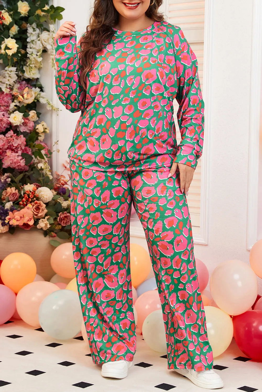 Plus Size Printed Round Neck Long Sleeve Top and Pants Set 