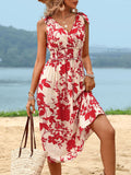 Perfee Smocked Printed Surplice Midi Dress 