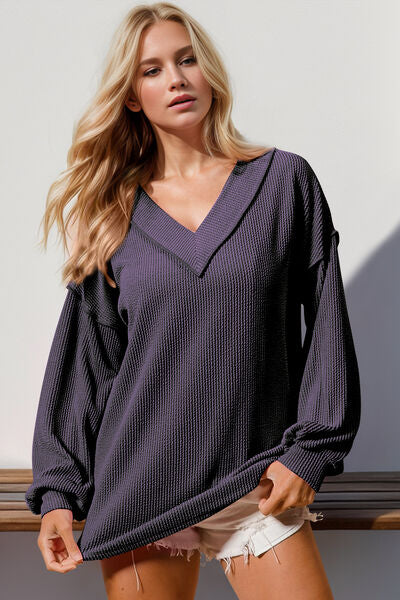 Double Take Exposed Seam Ribbed Textured V-Neck Long Sleeve T-Shirt 
