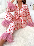 Heart Print Button Up Top and Pants Lounge Set Lingerie & Nightwear