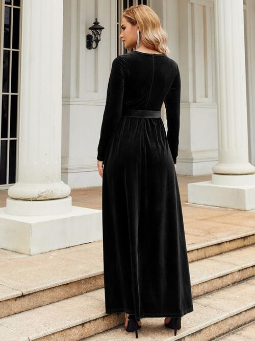 Tie Front Round Neck Long Sleeve Maxi Dress Dresses