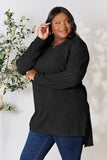 Basic Bae Full Size Ribbed Round Neck Long Sleeve Slit Top 