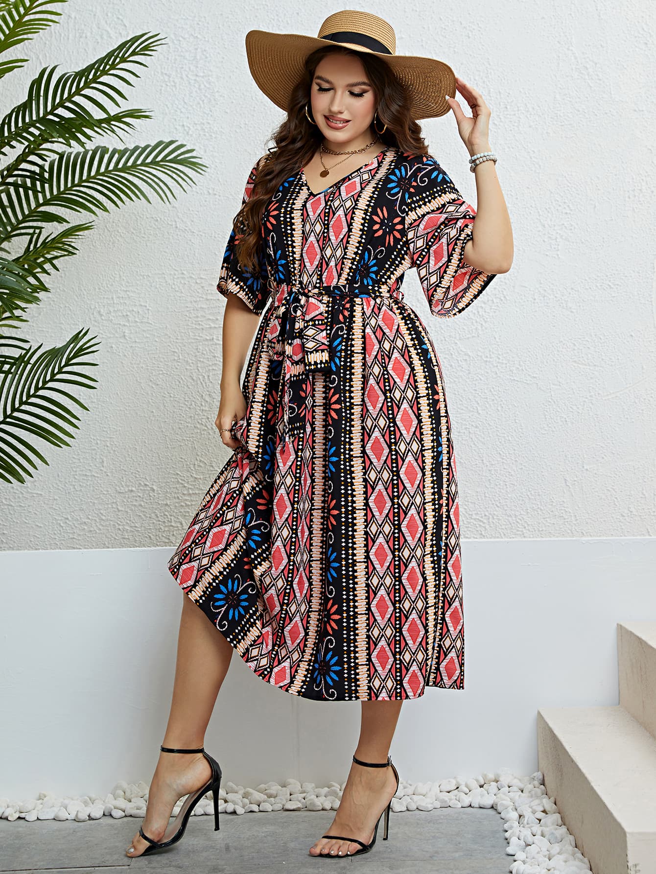 Honey Plus Size Bohemian V-Neck Tie Belt Midi Dress 