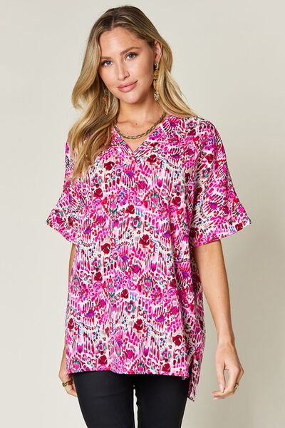 Double Take Full Size Printed V-Neck Short Sleeve Blouse 