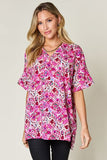 Double Take Full Size Printed V-Neck Short Sleeve Blouse 