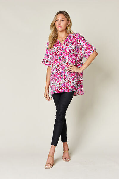 Double Take Full Size Printed V-Neck Short Sleeve Blouse 