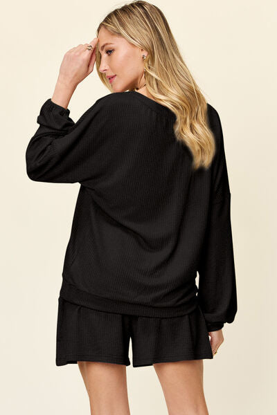 Double Take Full Size Texture V-Neck Long Sleeve T-Shirt and Shorts Set 