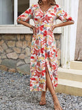 Perfee Printed V-Neck Half Sleeve Midi Dress Dresses