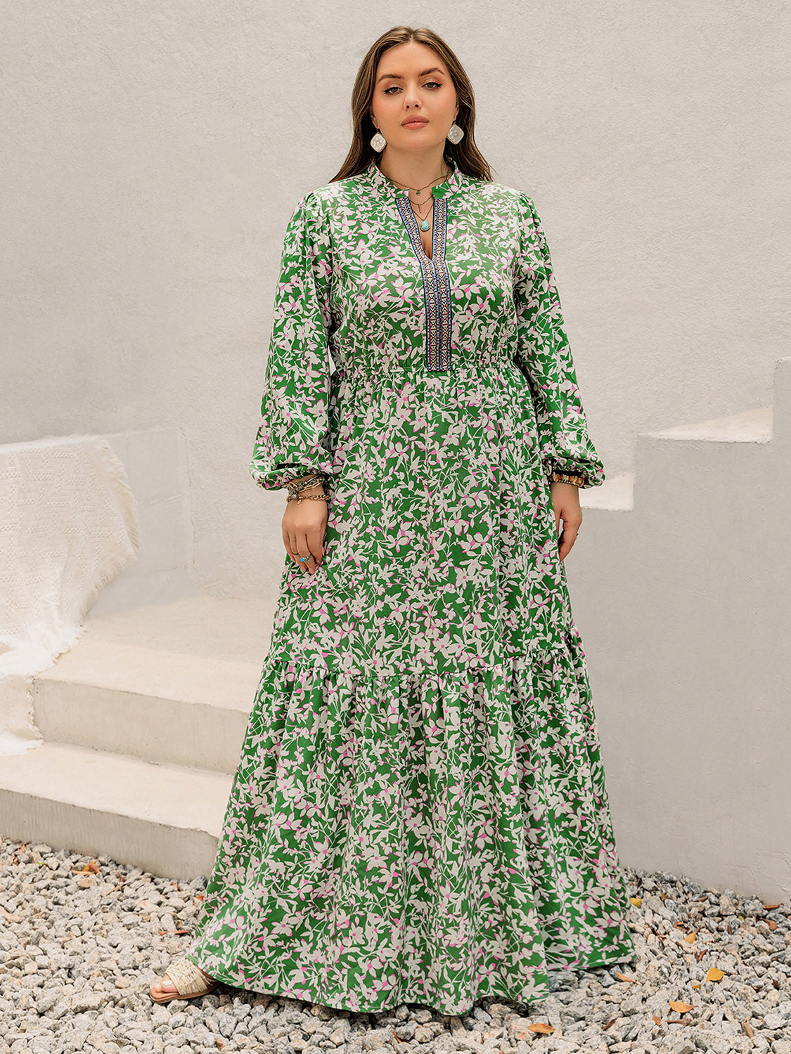 Plus Size Printed Notched Long Sleeve Maxi Dress 