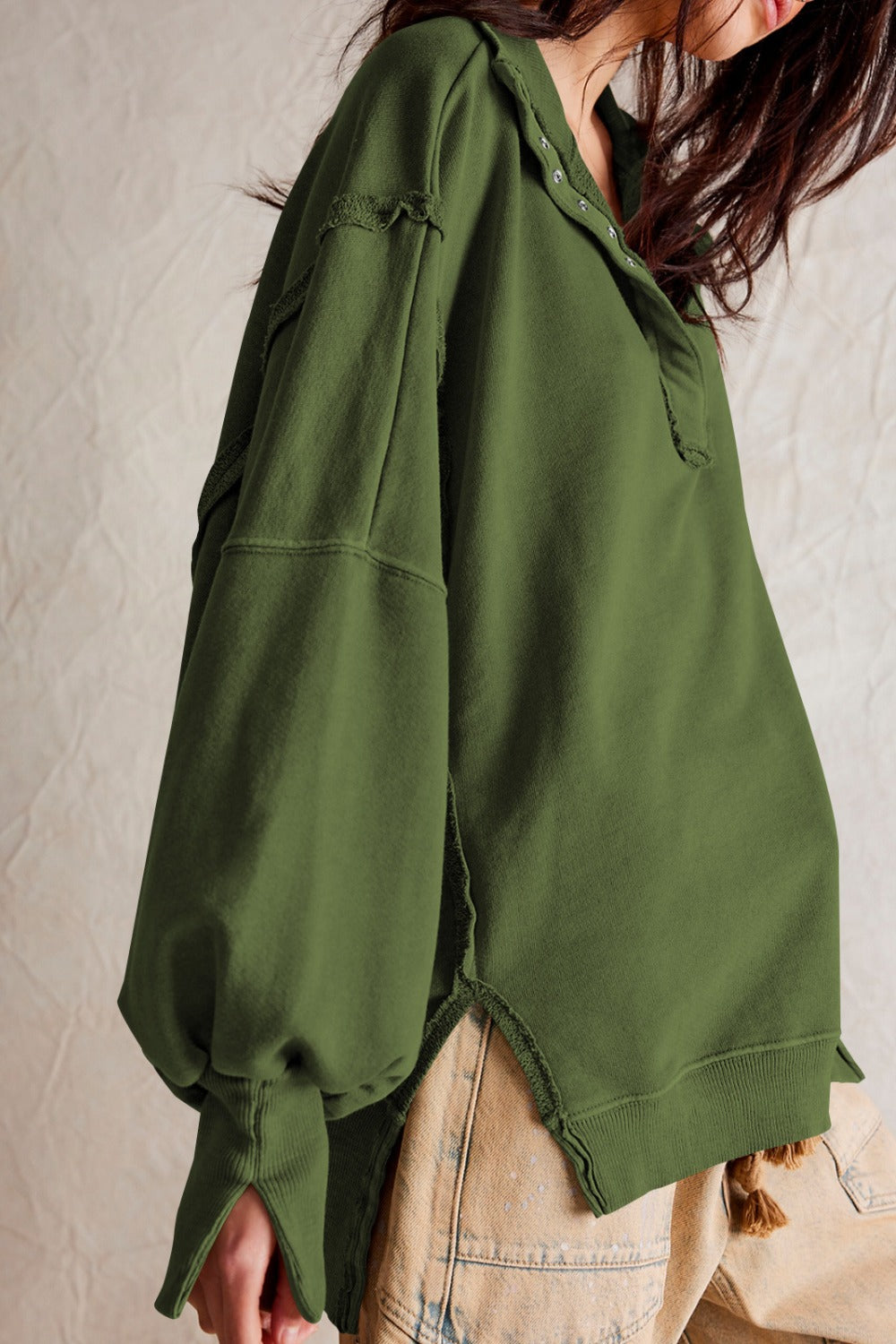 Exposed Seam Side Slit Long Sleeve Sweatshirt 