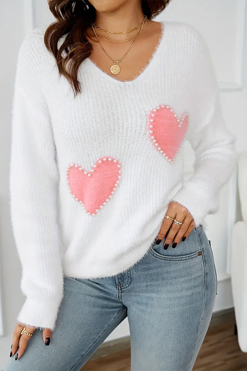 White Pearl Beaded Heart Pattern Fuzzy V Neck Sweater Sweaters & Cardigans/Sweaters