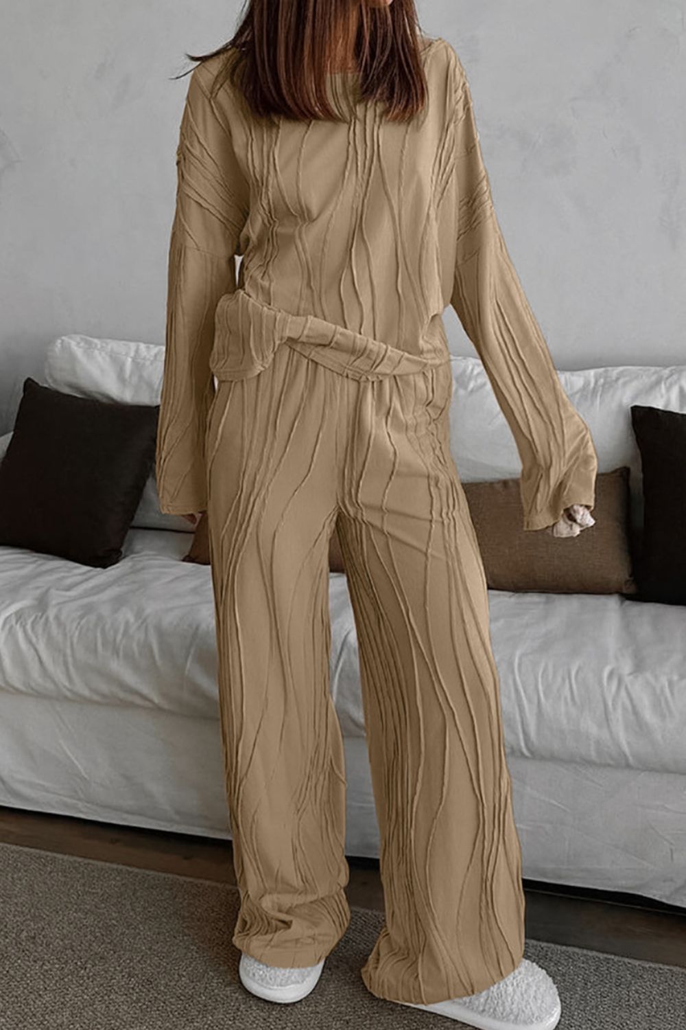 Texture Dropped Shoulder Long Sleeve Top and Pants Set 