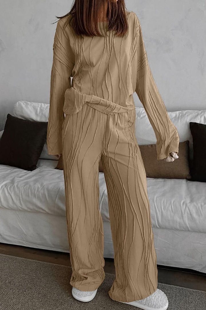 Texture Dropped Shoulder Long Sleeve Top and Pants Set 