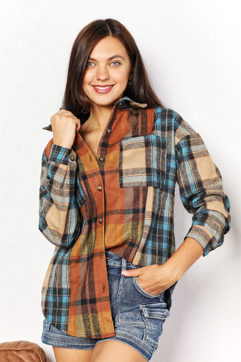 Double Take Plaid Curved Hem Shirt Jacket with Breast Pockets 