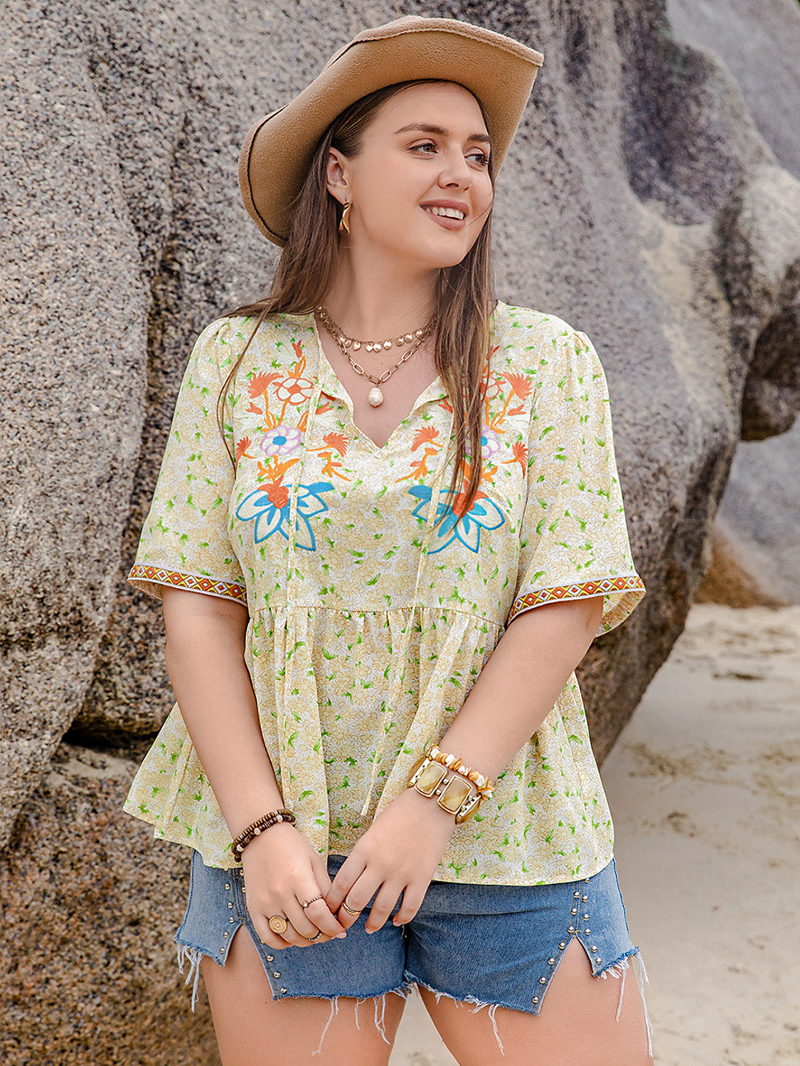 Plus Size Printed Tie Neck Half Sleeve Blouse 