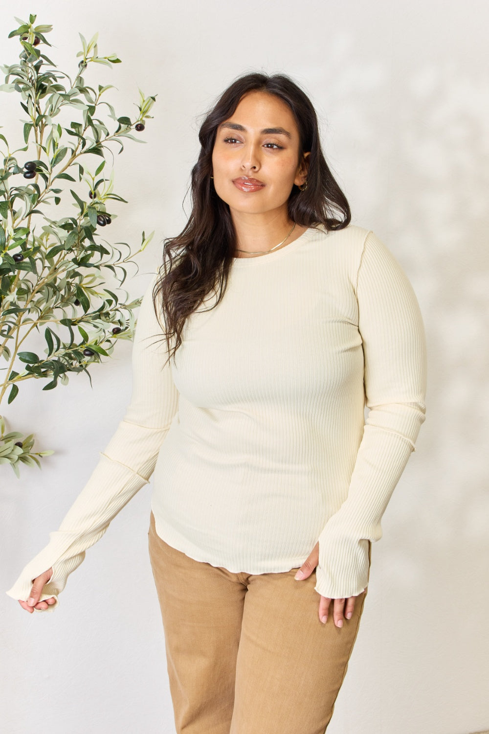 Culture Code Full Size Ribbed Round Neck Long Sleeve Top 