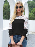 Waffle-Knit Lace Round Neck Long Sleeve T-Shirt 