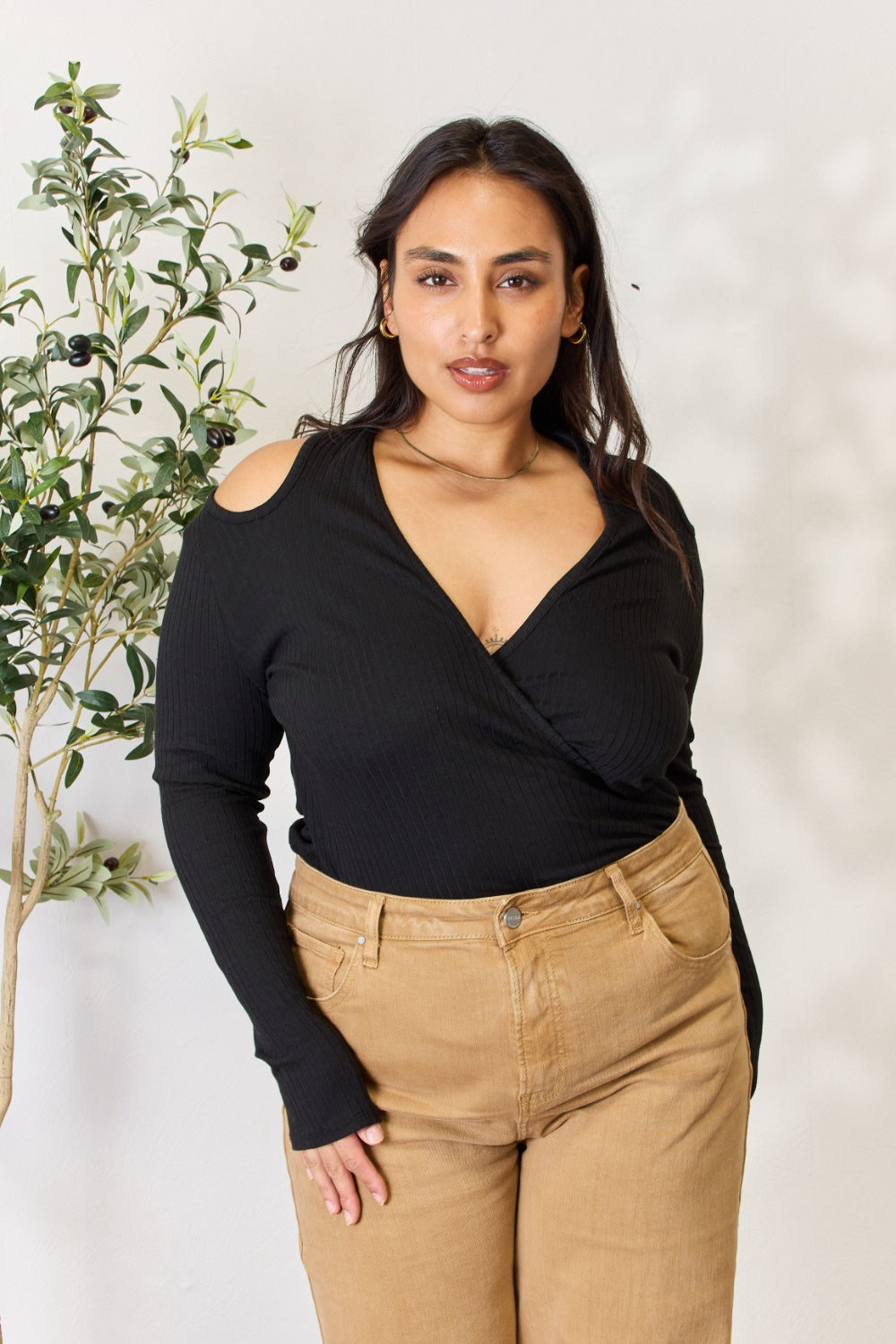 Culture Code Full Size Ribbed Surplice Cold Shoulder Top 