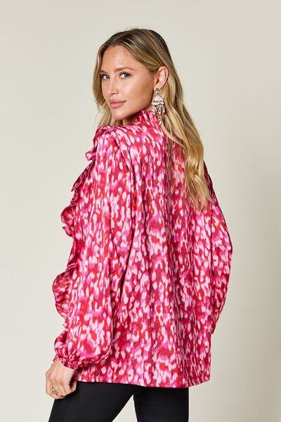 Double Take Full Size Printed Ruffle Trim Balloon Sleeve Shirt 