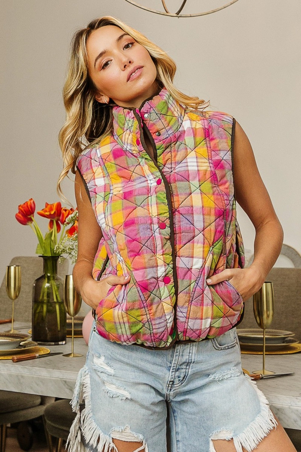 BiBi Quilted Washed Plaid Snap Down Vest 