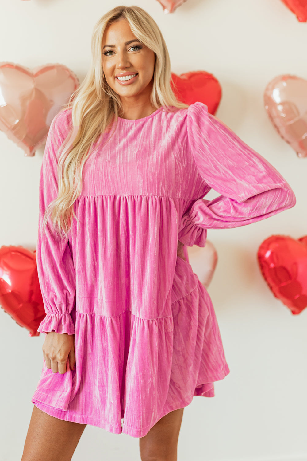 Strawberry Pink Flounce Sleeve Tiered Ruffled Velvet Mini Dress Dresses/Mini Dresses