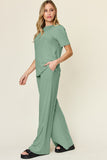 Double Take Full Size Round Neck Short Sleeve T-Shirt and Wide Leg Pants Set 