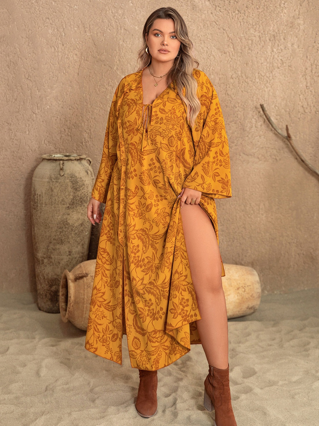 Plus Size Printed Slit Long Sleeve Dress 