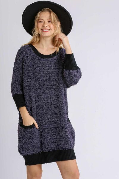 Umgee Full Size Ribbed Hem Round Neck 3/4 Sleeve Sweater Dress with Pockets Plus Size Dresses