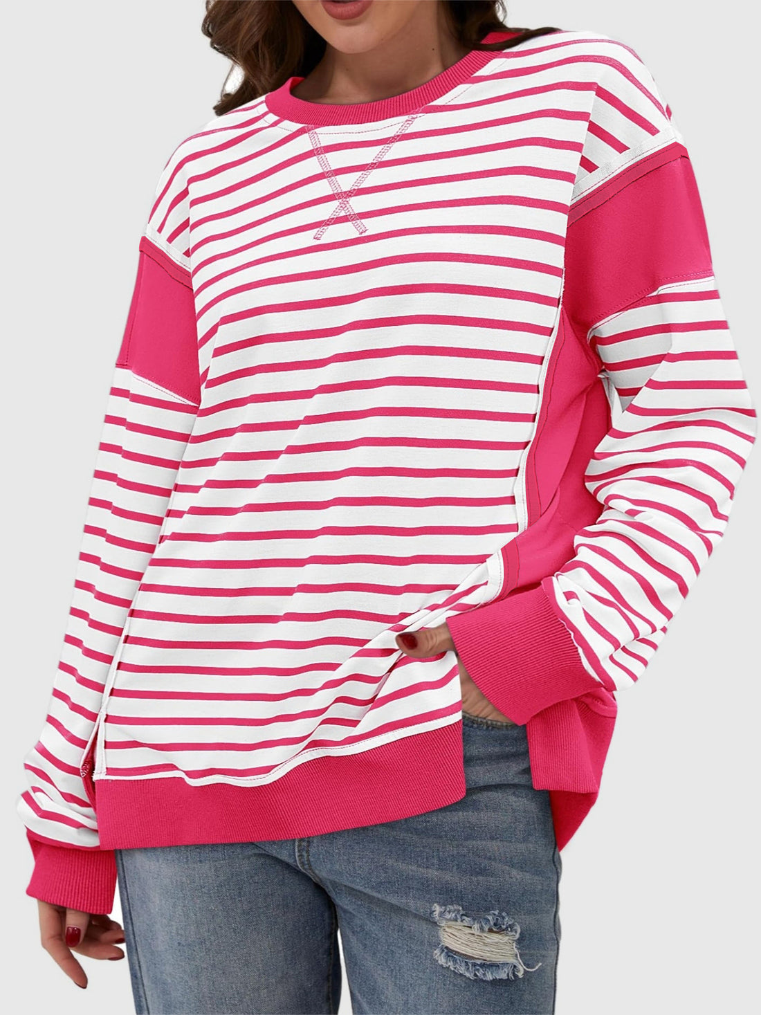 Slit Exposed Seam Striped Long Sleeve Sweatshirt 