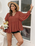 Plus Size Swiss Dot Tie Neck Long Sleeve Blouse 