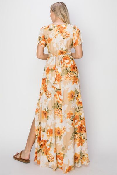 HYFVE Floral Tie Back Short Sleeve Slit Maxi Dress Dresses