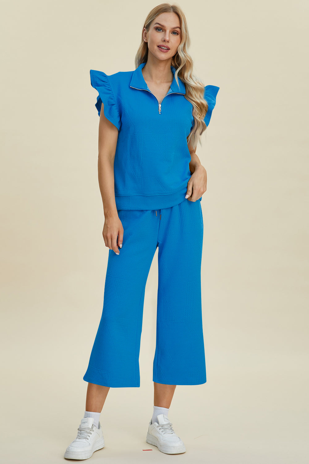 Double Take Full Size Texture Ruffle Short Sleeve Top and Wide Leg Pants Set 
