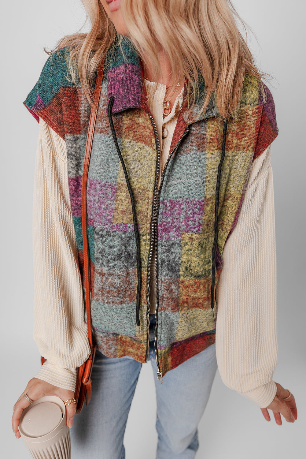 Multicolor Plaid Print Side Pockets Zipped Loose Vest Outerwear/Vests