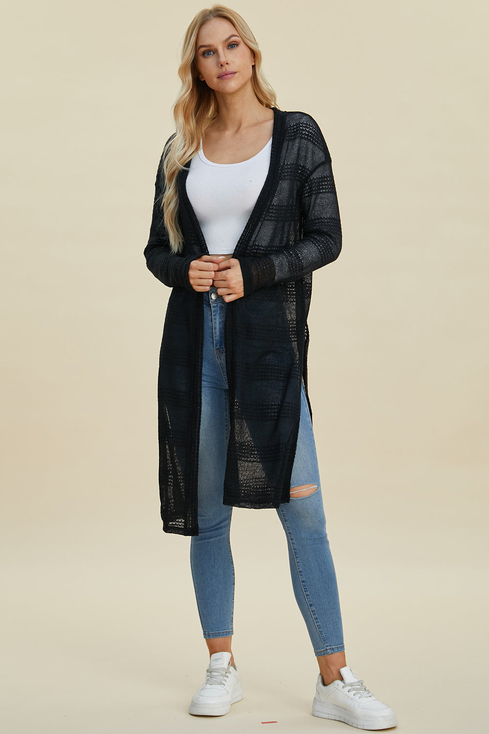 Double Take Full Size Open Front Longline Cardigan 