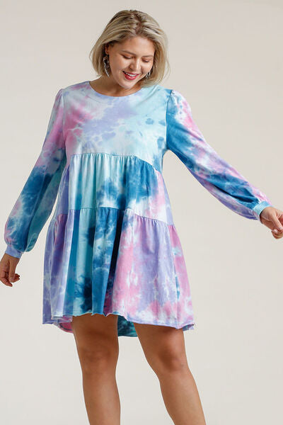 Umgee Full Size Tie Dye Round Neck Long Sleeve Babydoll Tiered Dress Plus Size Dresses