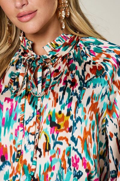 Double Take Full Size Printed Button Up Long Sleeve Shirt 