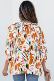 Yellow Abstract Print Drawstring Frilled V Neck 3/4 Sleeve Blouse Tops/Blouses & Shirts