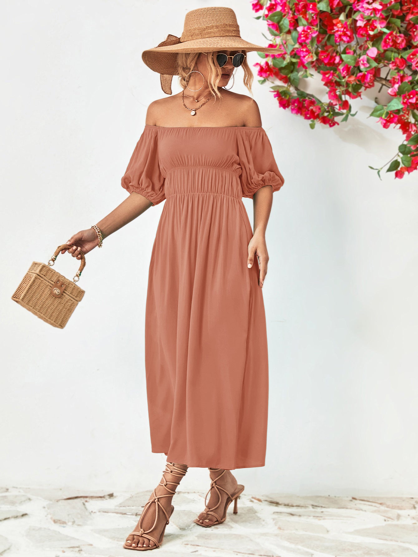 Off-Shoulder Balloon Sleeve Midi Dress 