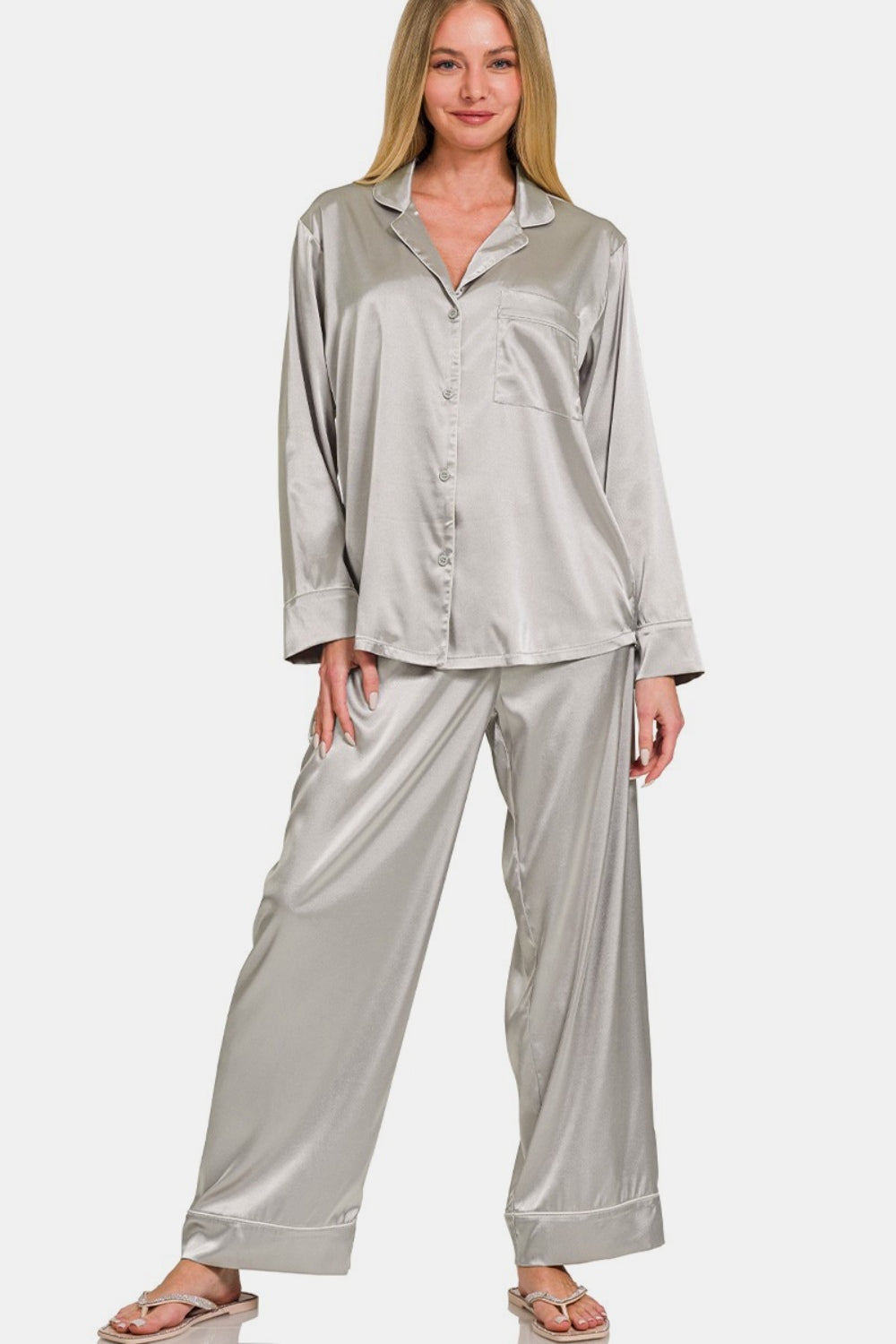 Zenana Satin Long Sleeve Shirt and Pants Pajama Set 