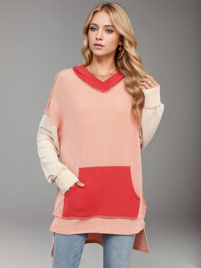 Double Take Contrast Hooded Long Sleeve Top 