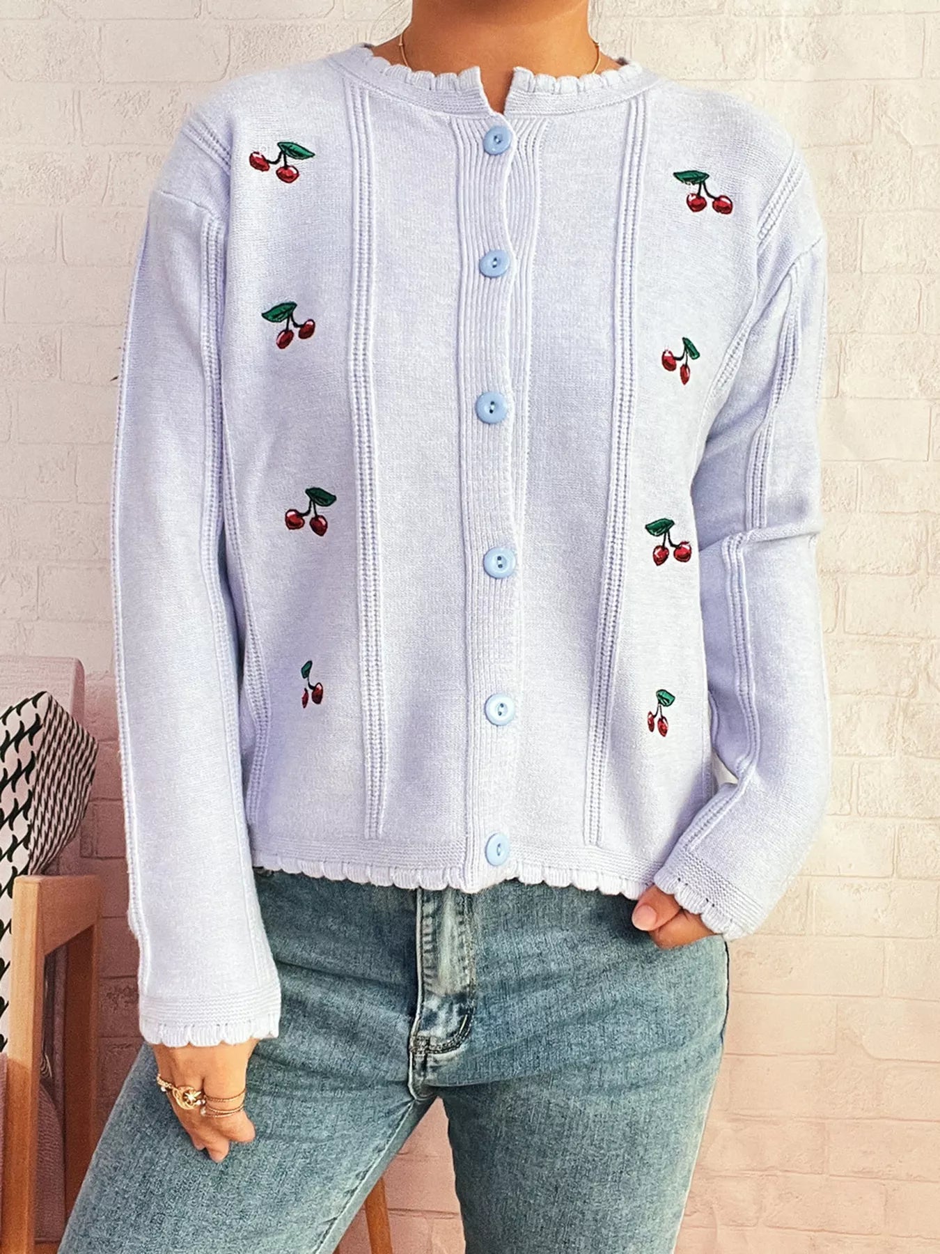 Cherry Embroidered Button Up Cardigan 