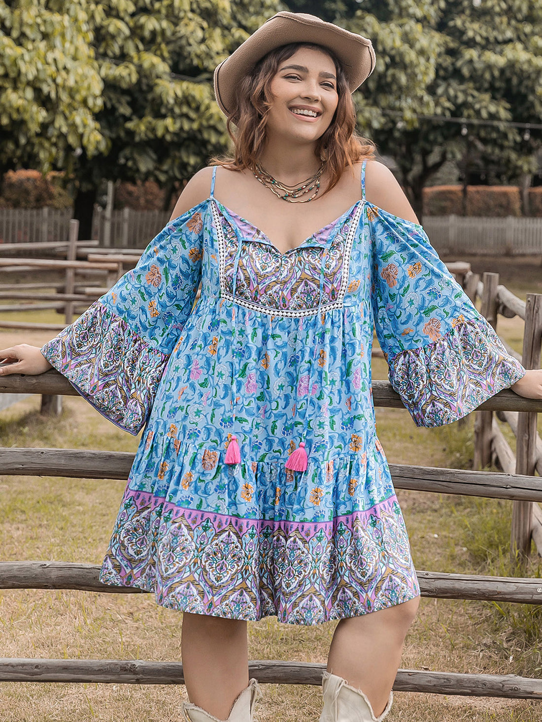 Plus Size Printed Long Sleeve Mini Dress 
