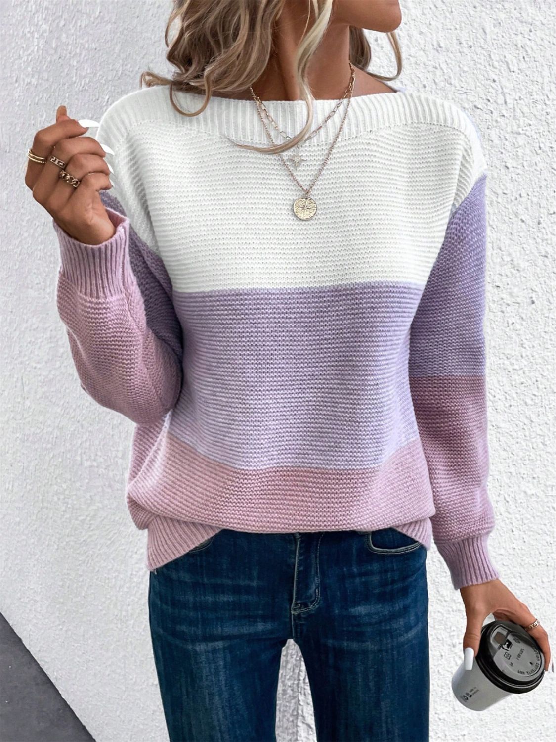 Color Block Drop Shoulder Long Sleeve Sweater 